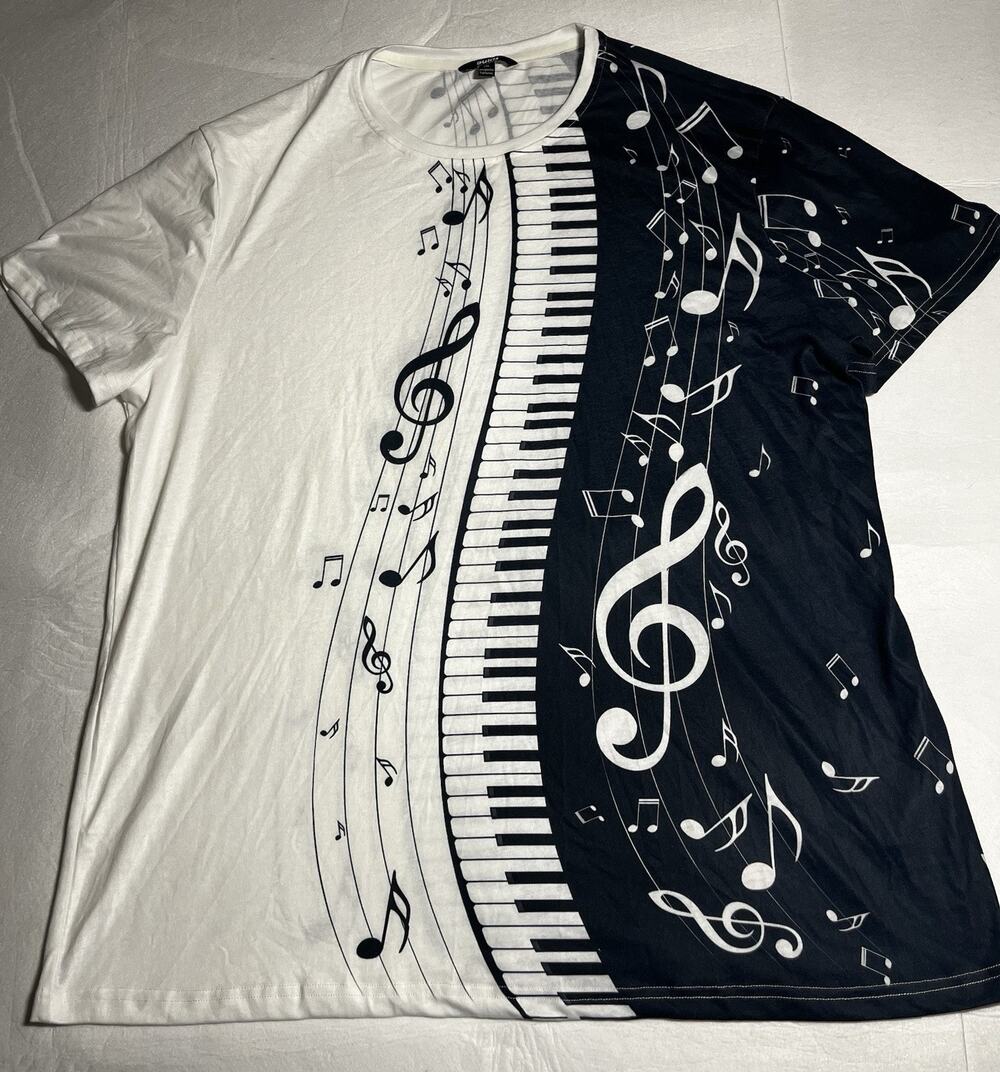 Ouku Mens 2XL Piano Keyboard Music Notes Graphic T Shirt Black White XXL